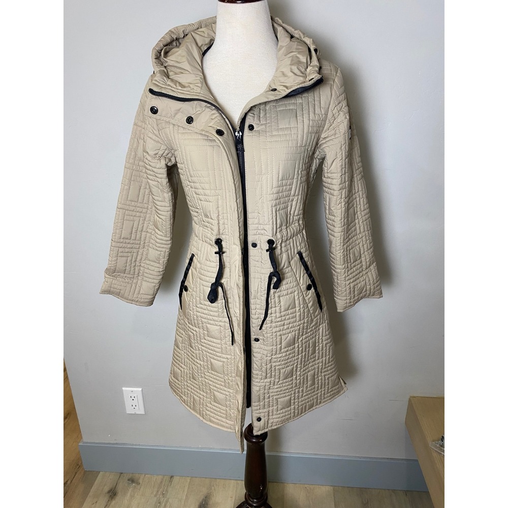 Karl Lagerfeld Paris Beige Quilted Hooded Parka Jacket XXS Square Pattern